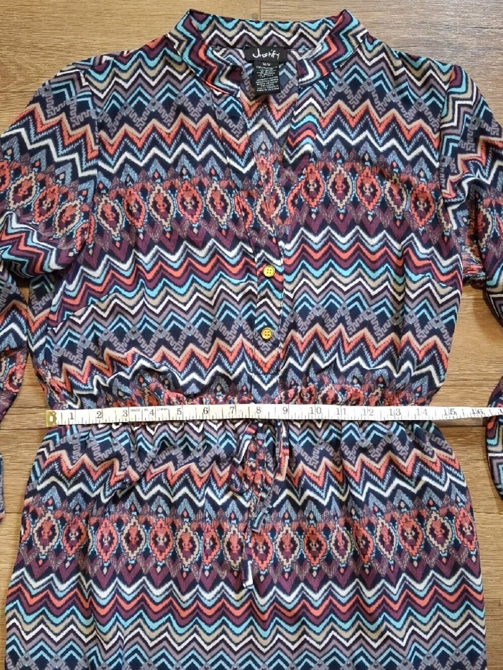 Justify Chevron Aztec Print Drawstring Shirt Dress - Navy, Coral, White - Picture 3 of 4